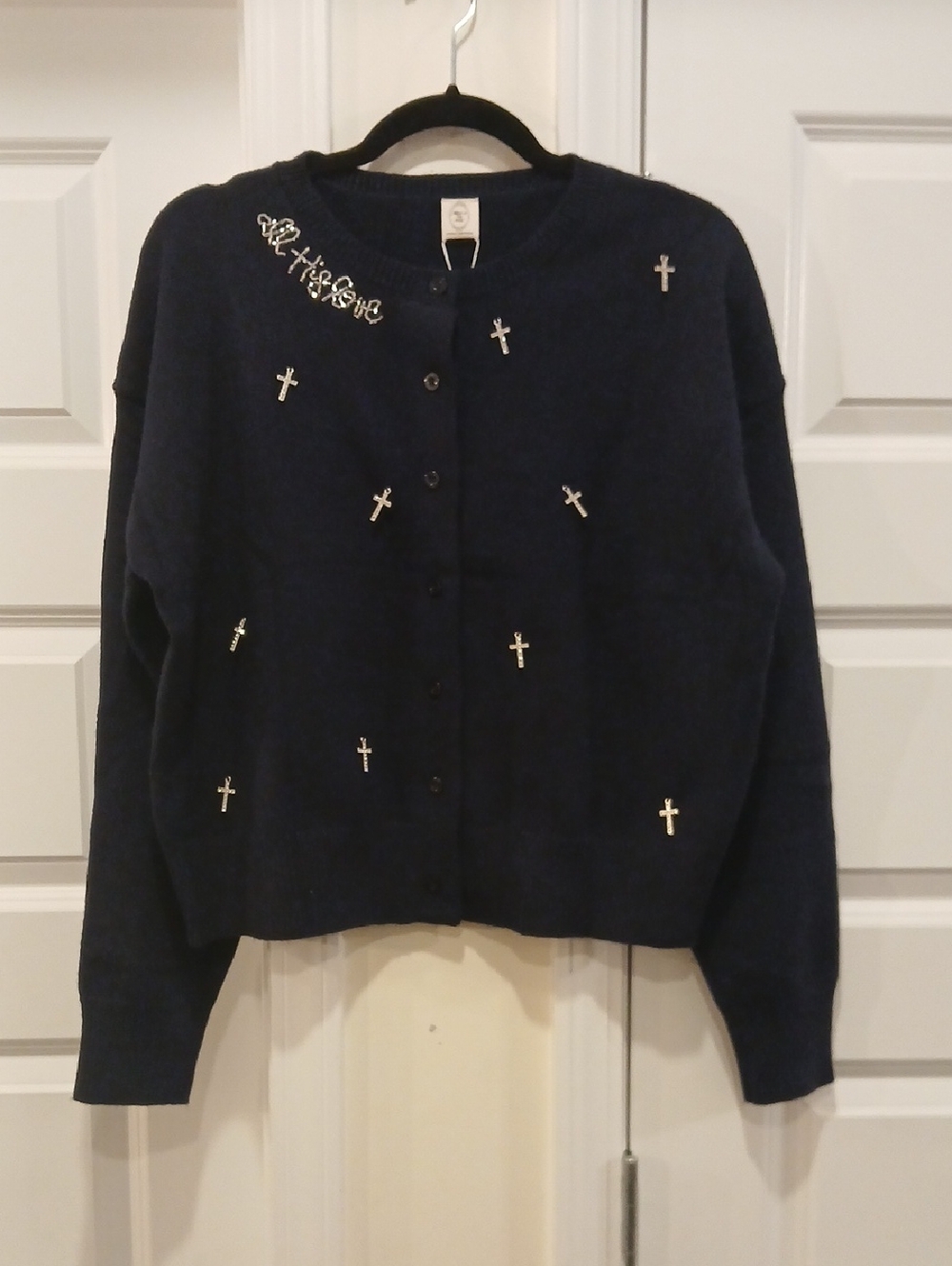 New Made In His Image Cross All Is Love Beaded Cardigan Navy Blue Size L/XL
